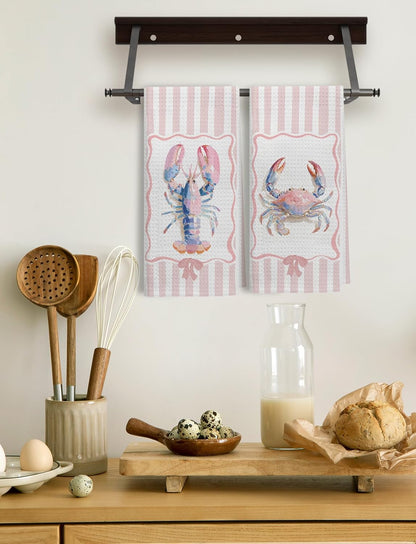 Pink Pastel Lobster Crab Kitchen Towels, Nautical Beach Hand Towels for Bathroom, Coquette Pink Striped Coastal Dish Tea Towel for Kitchen Decor, 16x24 Inch Set of 2