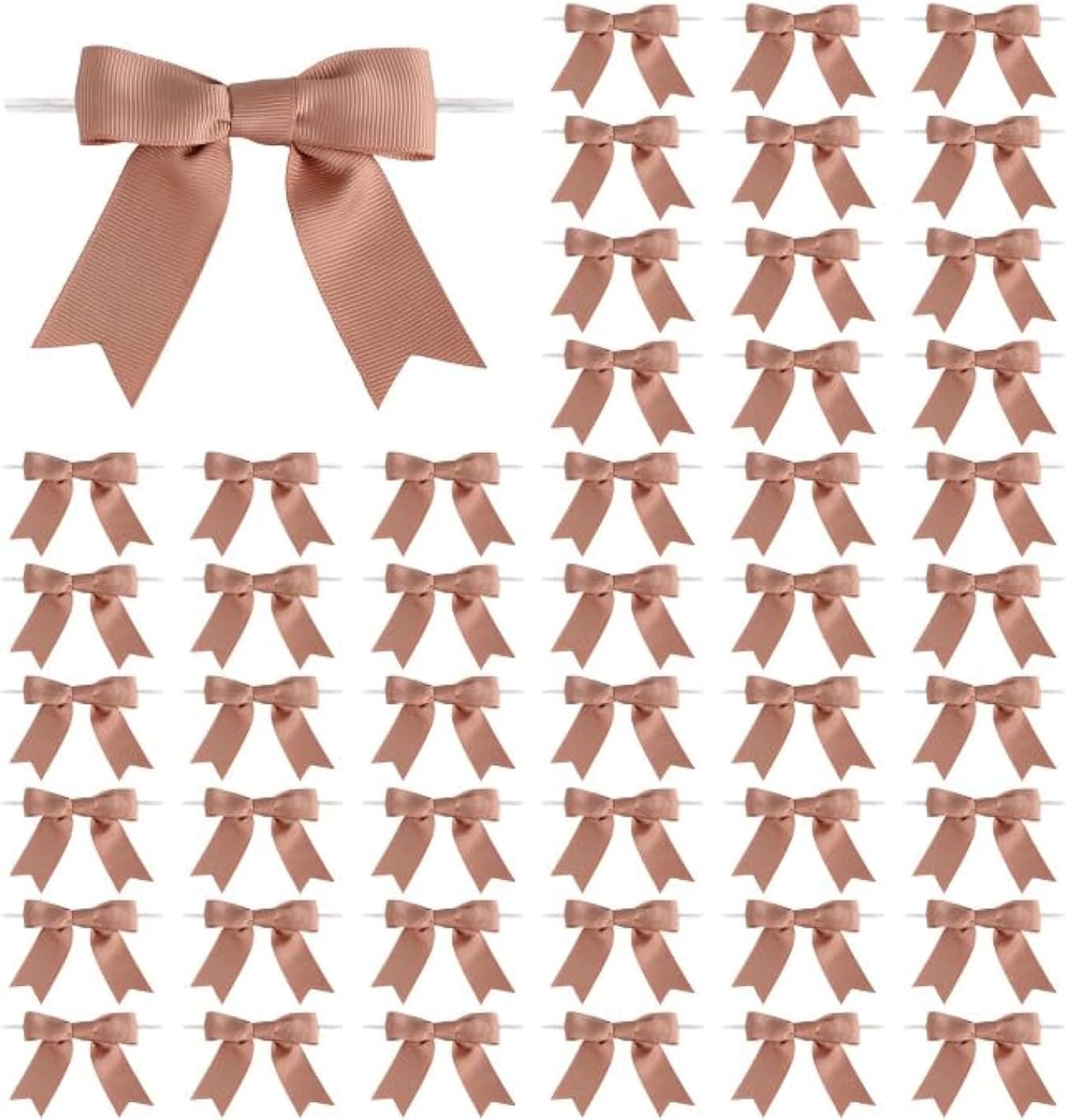 Meseey 50 Pcs 3 Inches Grosgrain Ribbon Twist Tie Bows Pretied Premade Craft Bows for Treat Bags Gift Wrapping Basket Wedding Baby Shower Brithday Christmas Party (Peach Brown)