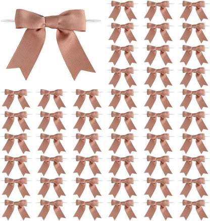 Meseey 50 Pcs 3 Inches Grosgrain Ribbon Twist Tie Bows Pretied Premade Craft Bows for Treat Bags Gift Wrapping Basket Wedding Baby Shower Brithday Christmas Party (Peach Brown)