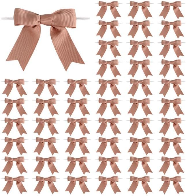 Meseey 50 Pcs 3 Inches Grosgrain Ribbon Twist Tie Bows Pretied Premade Craft Bows for Treat Bags Gift Wrapping Basket Wedding Baby Shower Brithday Christmas Party (Peach Brown)