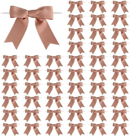 Meseey 50 Pcs 3 Inches Grosgrain Ribbon Twist Tie Bows Pretied Premade Craft Bows for Treat Bags Gift Wrapping Basket Wedding Baby Shower Brithday Christmas Party (Peach Brown)