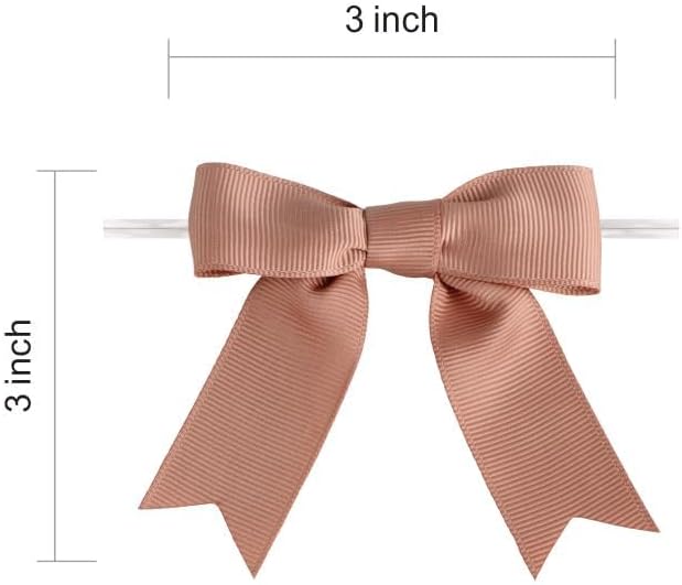 Meseey 50 Pcs 3 Inches Grosgrain Ribbon Twist Tie Bows Pretied Premade Craft Bows for Treat Bags Gift Wrapping Basket Wedding Baby Shower Brithday Christmas Party (Peach Brown)