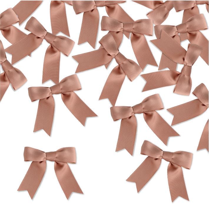 Meseey 50 Pcs 3 Inches Grosgrain Ribbon Twist Tie Bows Pretied Premade Craft Bows for Treat Bags Gift Wrapping Basket Wedding Baby Shower Brithday Christmas Party (Peach Brown)