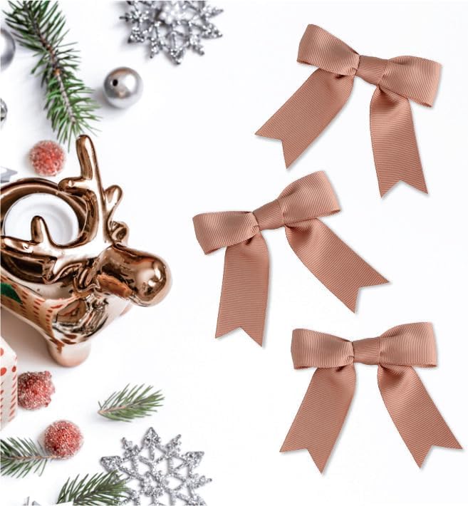 Meseey 50 Pcs 3 Inches Grosgrain Ribbon Twist Tie Bows Pretied Premade Craft Bows for Treat Bags Gift Wrapping Basket Wedding Baby Shower Brithday Christmas Party (Peach Brown)