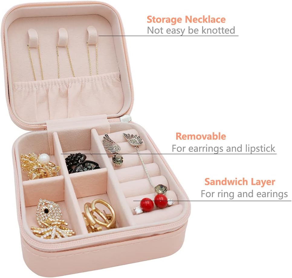 Mini Jewelry Case, Small Travel Jewelry Organizer, Portable Jewelry Box Mini Storage Organizer Display Box For Rings Earrings Necklaces (Pink-4)