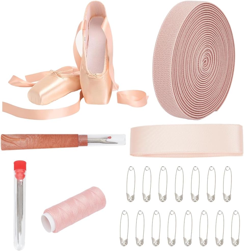 Ballet Pointe Shoe Flat Elastic Stitch Sewing Kit Bloch Satin Ribbon Cord Pink Professional Iron Safety Pins Thread Steel Knitting Needles Seam Ripper Set Accessories for Shoes DIY Repair