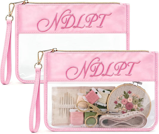 2 Pack Needlepoint Project Bags, Sewing Project Bag 12 * 8.8 Inch "ndlpt" Embroidery Storage Organizer with Zipper, Craft Bags for Quilting Crochet Cross Stitch Knitting Embroidery(Pink)