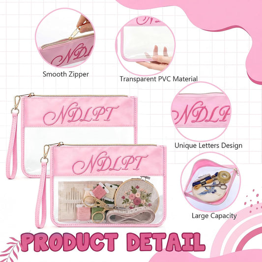 2 Pack Needlepoint Project Bags, Sewing Project Bag 12 * 8.8 Inch "ndlpt" Embroidery Storage Organizer with Zipper, Craft Bags for Quilting Crochet Cross Stitch Knitting Embroidery(Pink)