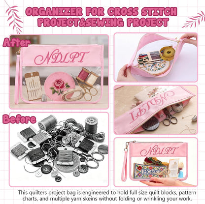 2 Pack Needlepoint Project Bags, Sewing Project Bag 12 * 8.8 Inch "ndlpt" Embroidery Storage Organizer with Zipper, Craft Bags for Quilting Crochet Cross Stitch Knitting Embroidery(Pink)
