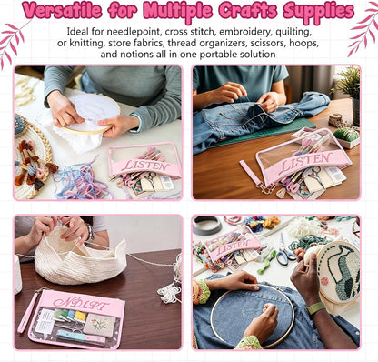 2 Pack Needlepoint Project Bags, Sewing Project Bag 12 * 8.8 Inch "ndlpt" Embroidery Storage Organizer with Zipper, Craft Bags for Quilting Crochet Cross Stitch Knitting Embroidery(Pink)