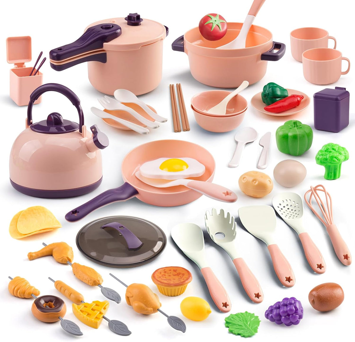 60Pcs Kids Mini Play Kitchen Accessories, Pretend Cooking Play Set with Cookware, Tableware & Fruit & BBQ Sets, Learning Gift for Boys, Girls, Toddlers,Pink