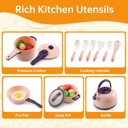 60Pcs Kids Mini Play Kitchen Accessories, Pretend Cooking Play Set with Cookware, Tableware & Fruit & BBQ Sets, Learning Gift for Boys, Girls, Toddlers,Pink