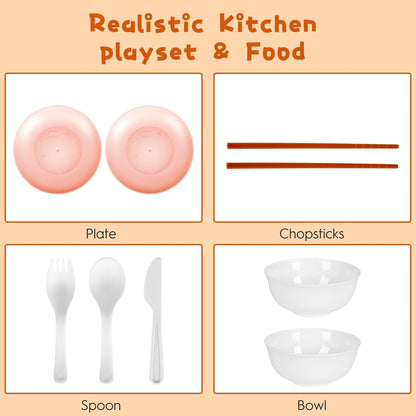 60Pcs Kids Mini Play Kitchen Accessories, Pretend Cooking Play Set with Cookware, Tableware & Fruit & BBQ Sets, Learning Gift for Boys, Girls, Toddlers,Pink