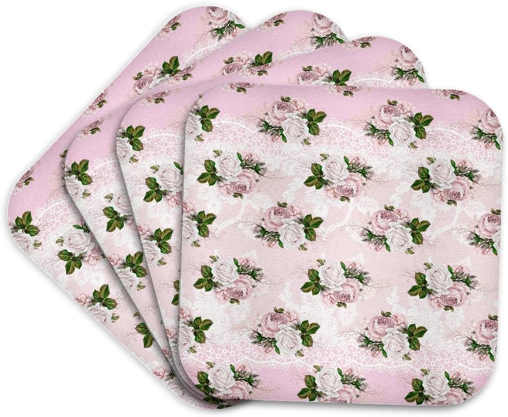 Pretty Light Pink Floral & Image of White Set of 4 Coasters - Soft