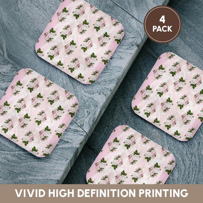 Pretty Light Pink Floral & Image of White Set of 4 Coasters - Soft