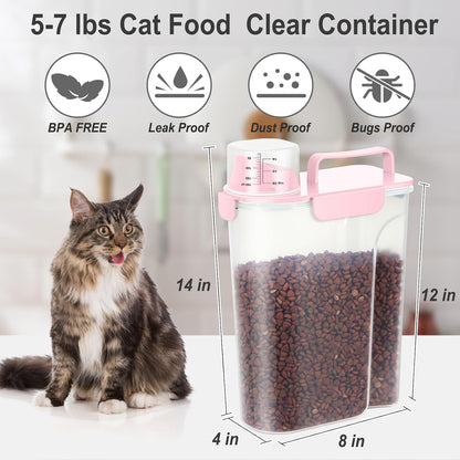 Dog Cat Food Storage Container with Cup (Pink, 5L)