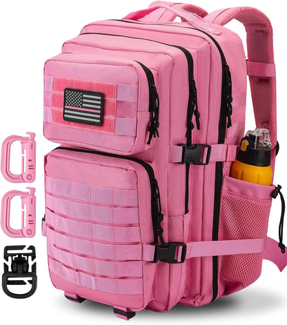 45L MOLLE Assault Backpack, Tactical Backpack Military Army Camping Rucksack with Bottle Holder, 3-Day Pack Trip w/USA Flag Patch, D-Rings, Pink