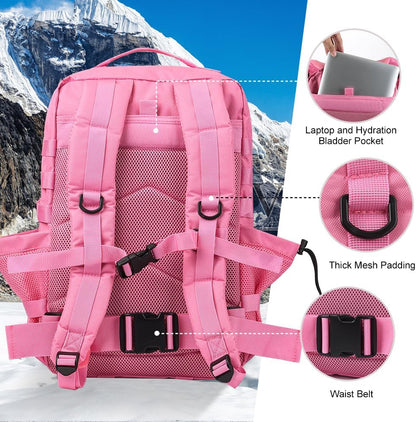 45L MOLLE Assault Backpack, Tactical Backpack Military Army Camping Rucksack with Bottle Holder, 3-Day Pack Trip w/USA Flag Patch, D-Rings, Pink