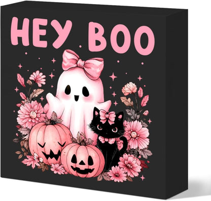 Pink Halloween Hey Boo Decor Pink Ghost Black Cat Sign