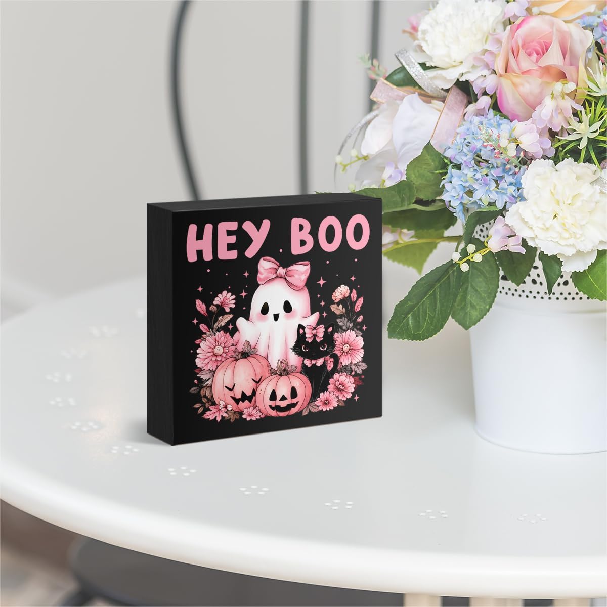 Pink Halloween Hey Boo Decor Pink Ghost Black Cat Sign