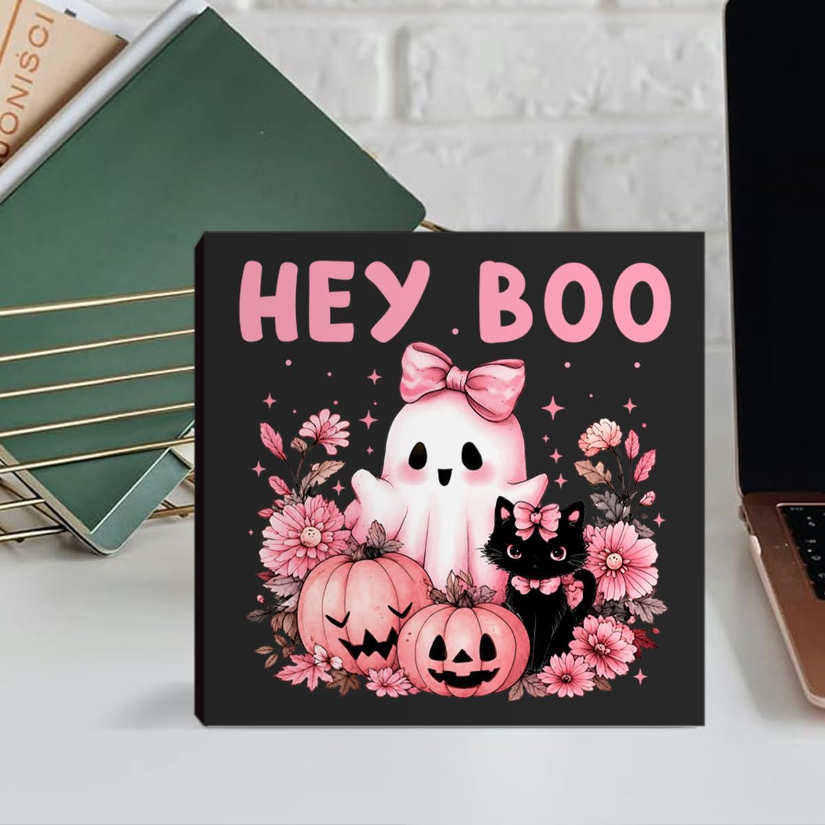 Pink Halloween Hey Boo Decor Pink Ghost Black Cat Sign