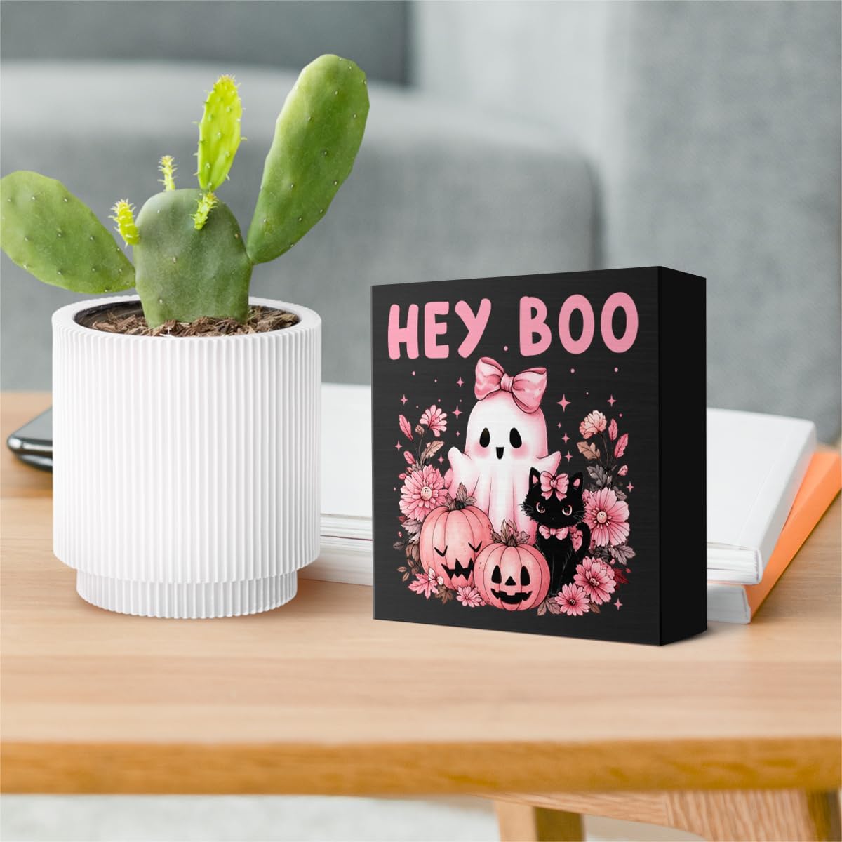 Pink Halloween Hey Boo Decor Pink Ghost Black Cat Sign