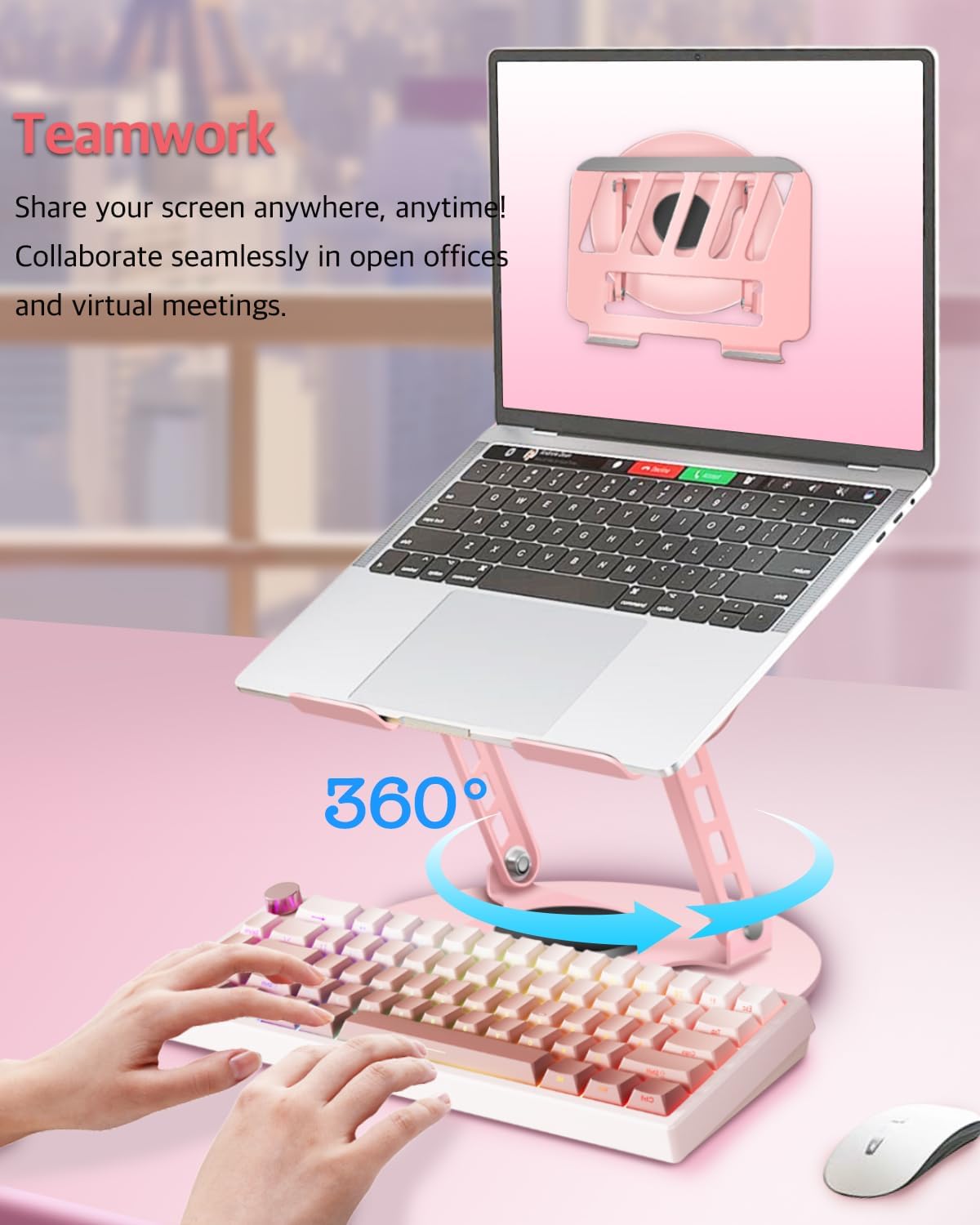 360° Rotating Adjustable Laptop Stand Perfect for Work, Painting,Office,Travel,Home,Fits MacBook & Laptops up to 13-15",Dual Rotary Shaft,Folding Design-Pink