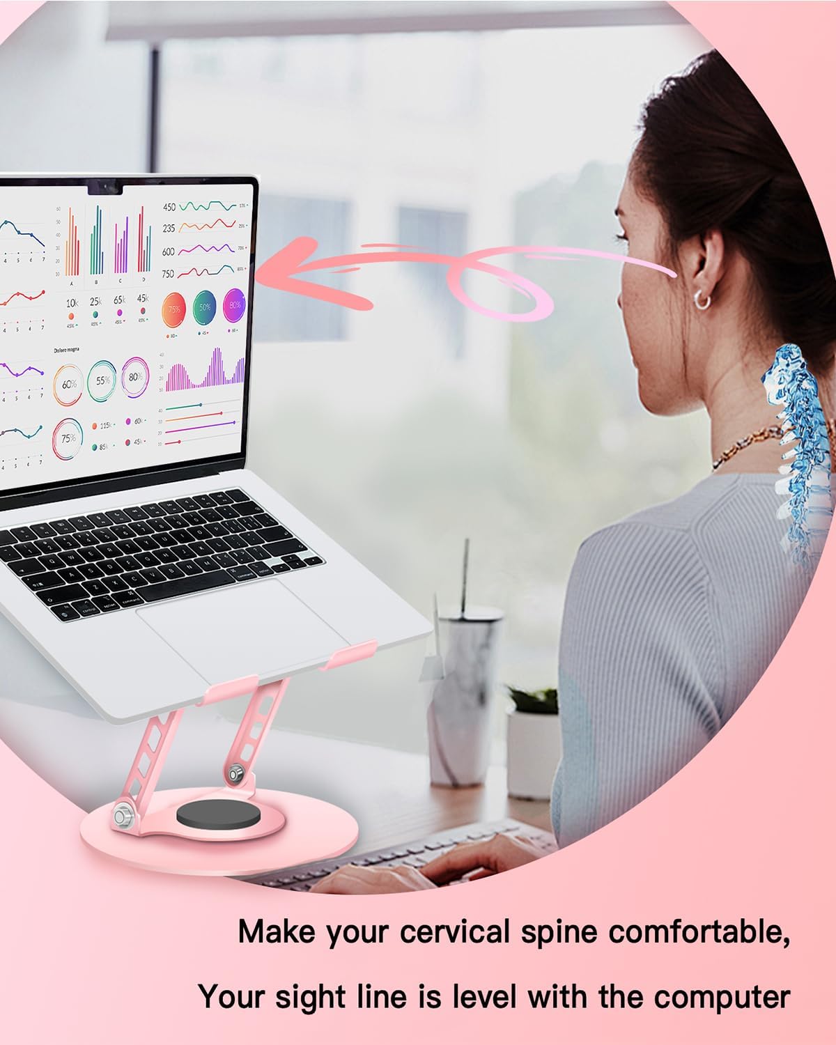 360° Rotating Adjustable Laptop Stand Perfect for Work, Painting,Office,Travel,Home,Fits MacBook & Laptops up to 13-15",Dual Rotary Shaft,Folding Design-Pink