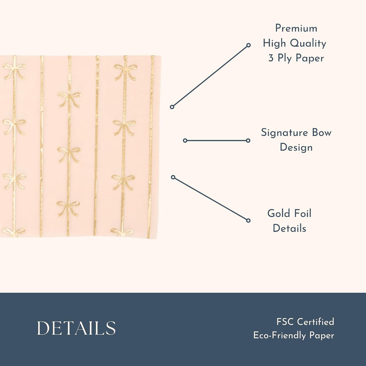 Light Peach Bow Cocktail Napkins, Pack of 20, 5"