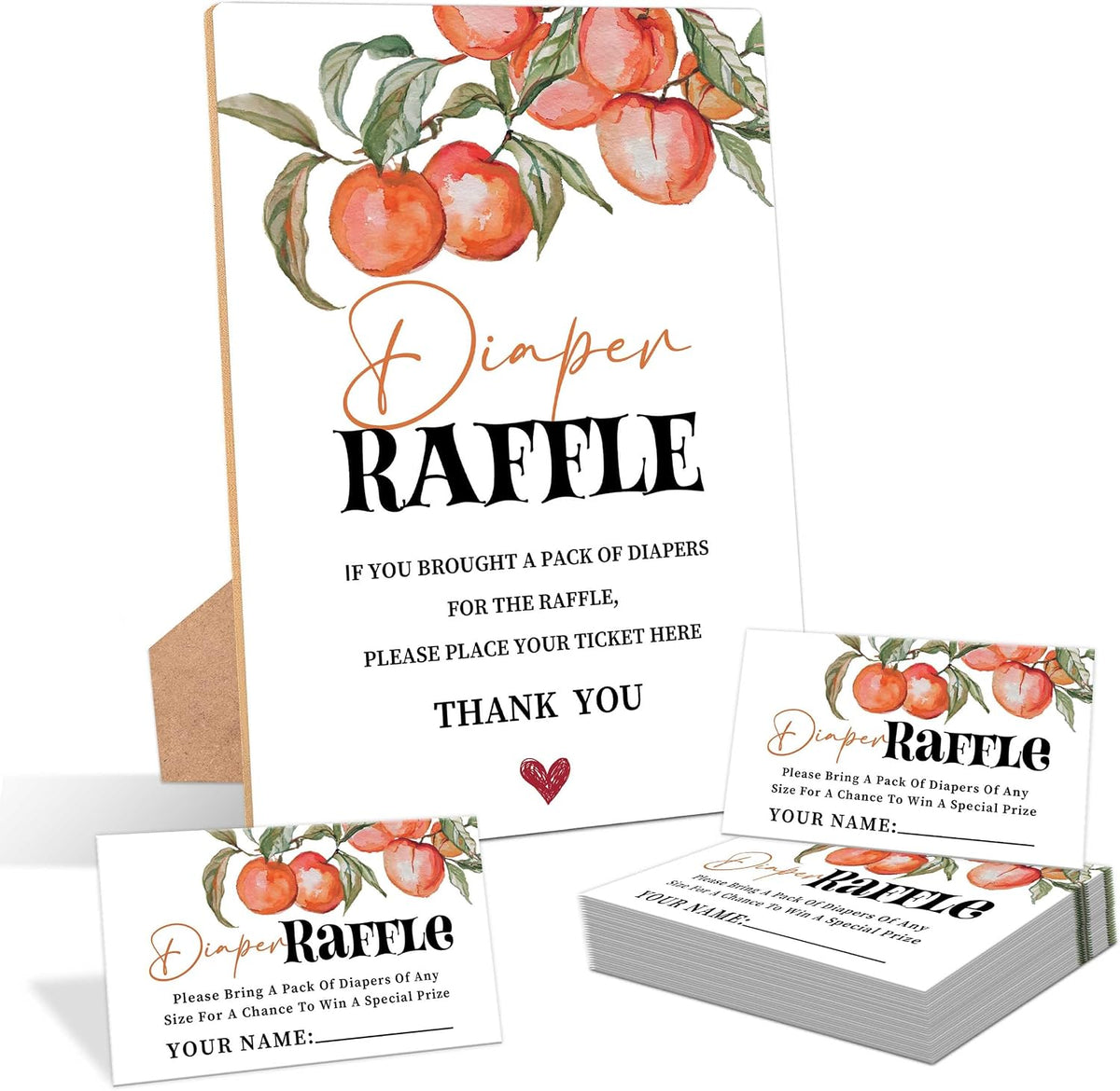 Peach Baby Shower Diaper Raffle, Pack of 1 Wooden Tabletop Sign with Stand and 50 Diaper Raffle Tickets, Sweet Peach Baby Shower Game, Gender Reveal Party Decorations - EH15