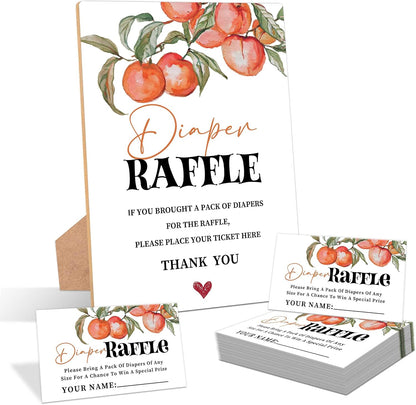 Peach Baby Shower Diaper Raffle, Pack of 1 Wooden Tabletop Sign with Stand and 50 Diaper Raffle Tickets, Sweet Peach Baby Shower Game, Gender Reveal Party Decorations - EH15