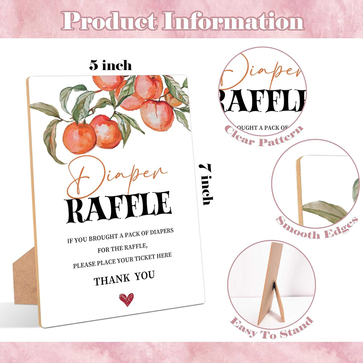 Peach Baby Shower Diaper Raffle, Pack of 1 Wooden Tabletop Sign with Stand and 50 Diaper Raffle Tickets, Sweet Peach Baby Shower Game, Gender Reveal Party Decorations - EH15