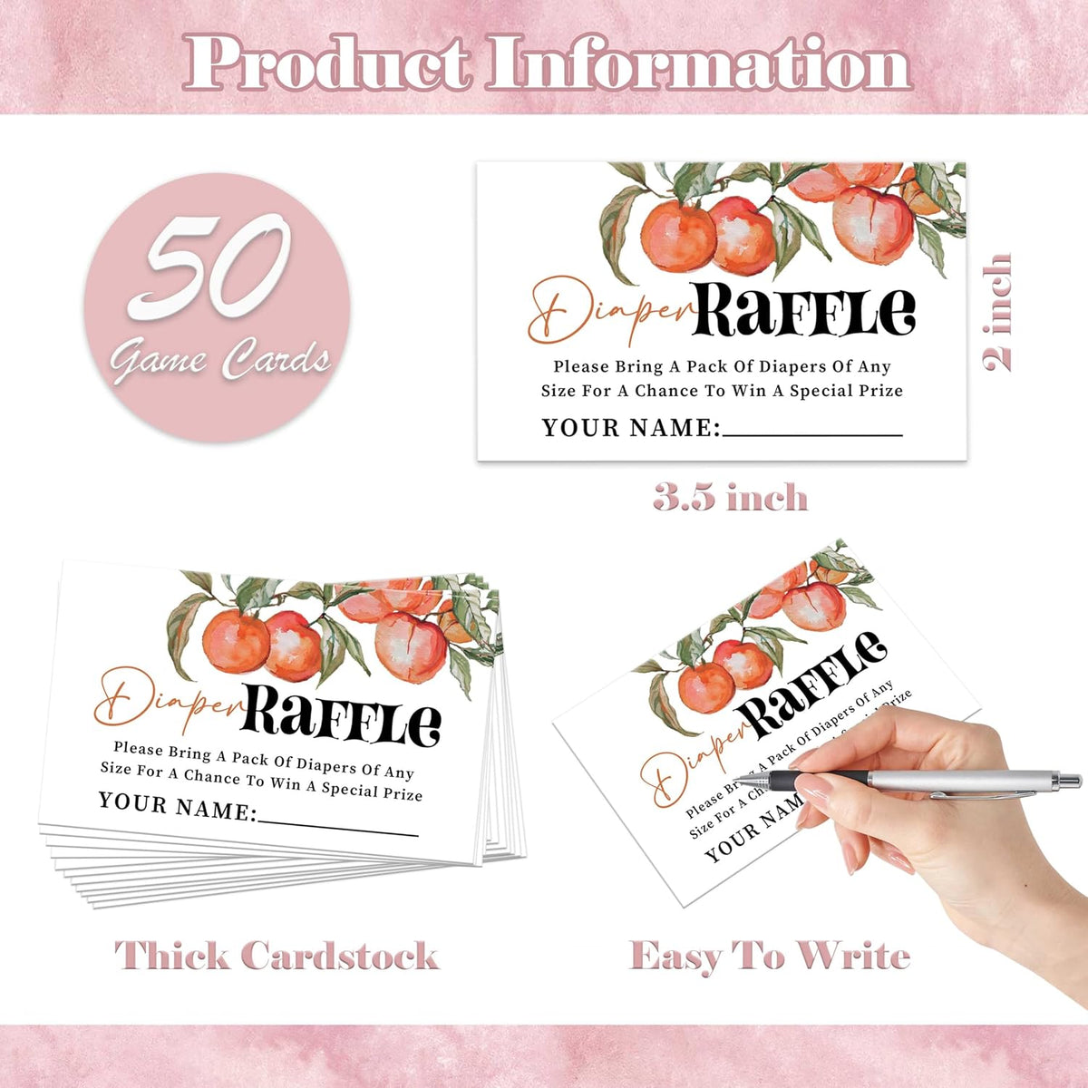 Peach Baby Shower Diaper Raffle, Pack of 1 Wooden Tabletop Sign with Stand and 50 Diaper Raffle Tickets, Sweet Peach Baby Shower Game, Gender Reveal Party Decorations - EH15