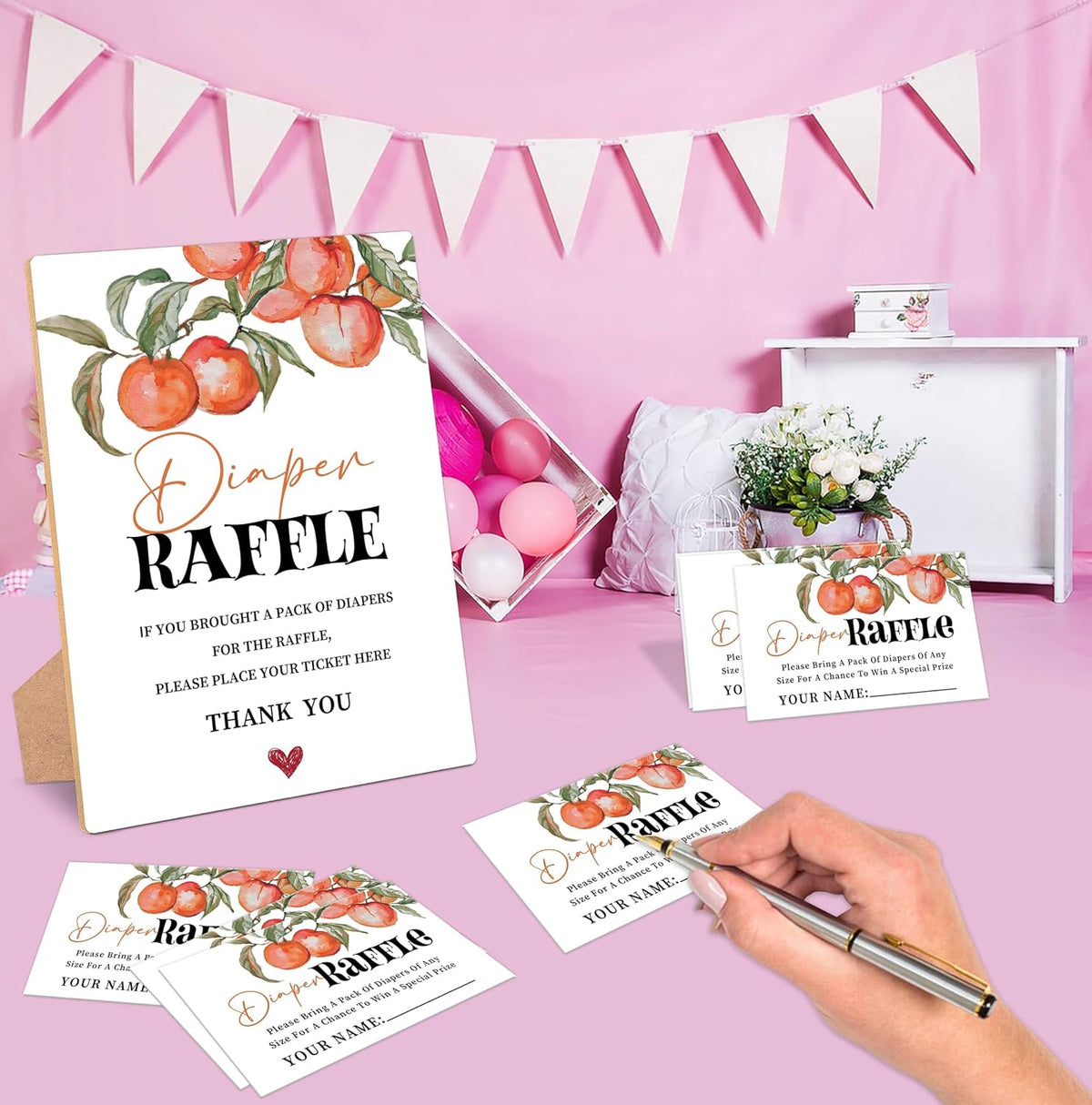 Peach Baby Shower Diaper Raffle, Pack of 1 Wooden Tabletop Sign with Stand and 50 Diaper Raffle Tickets, Sweet Peach Baby Shower Game, Gender Reveal Party Decorations - EH15