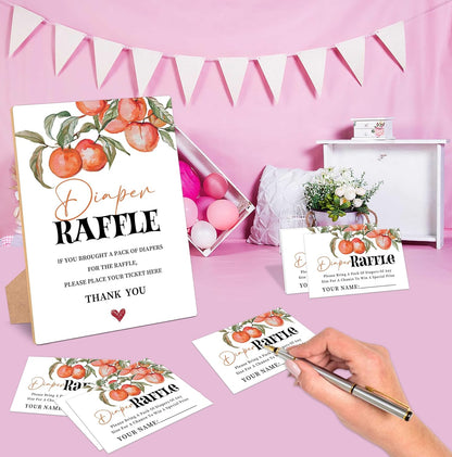 Peach Baby Shower Diaper Raffle, Pack of 1 Wooden Tabletop Sign with Stand and 50 Diaper Raffle Tickets, Sweet Peach Baby Shower Game, Gender Reveal Party Decorations - EH15