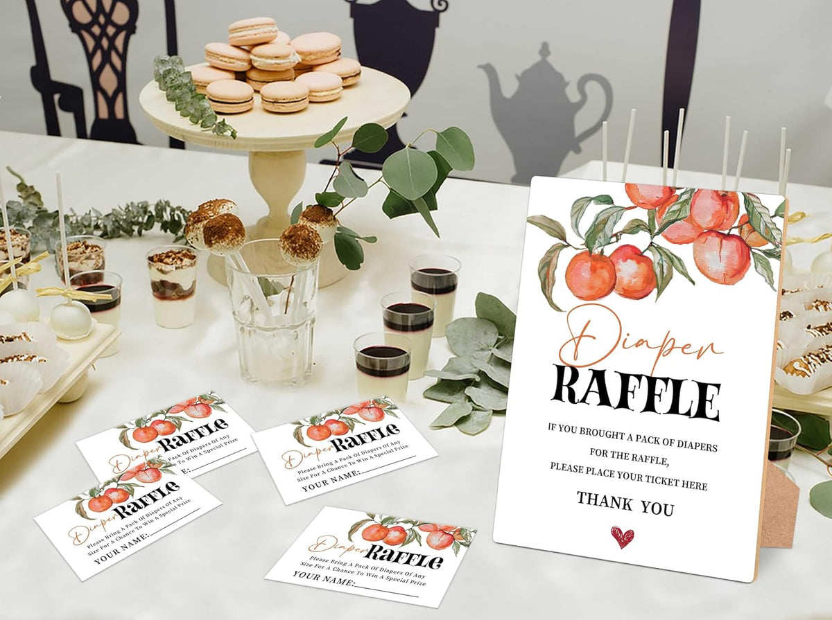 Peach Baby Shower Diaper Raffle, Pack of 1 Wooden Tabletop Sign with Stand and 50 Diaper Raffle Tickets, Sweet Peach Baby Shower Game, Gender Reveal Party Decorations - EH15