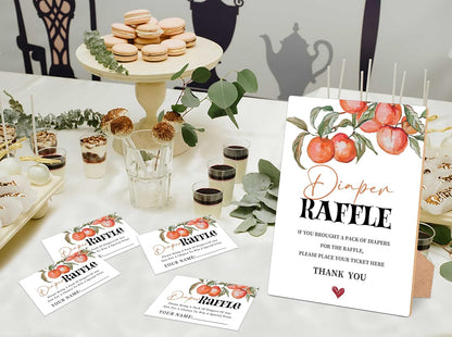 Peach Baby Shower Diaper Raffle, Pack of 1 Wooden Tabletop Sign with Stand and 50 Diaper Raffle Tickets, Sweet Peach Baby Shower Game, Gender Reveal Party Decorations - EH15