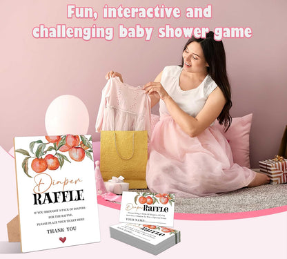 Peach Baby Shower Diaper Raffle, Pack of 1 Wooden Tabletop Sign with Stand and 50 Diaper Raffle Tickets, Sweet Peach Baby Shower Game, Gender Reveal Party Decorations - EH15