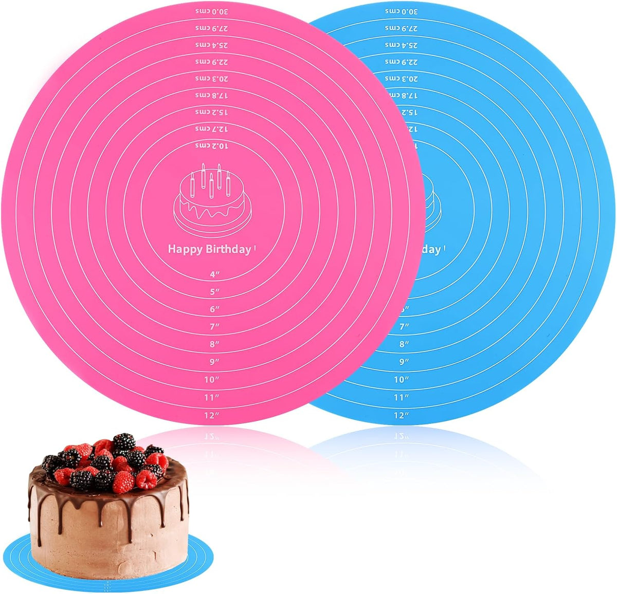 2Pcs Silicone Cake Mat,12 Inch Round Baking Mat with Measurements Reusable Turntable Pastry Mats for Rolling Out Dough Cake Pizza and Cookies (Pink&Blue)