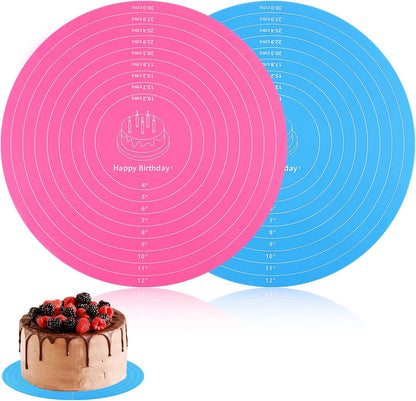 2Pcs Silicone Cake Mat,12 Inch Round Baking Mat with Measurements Reusable Turntable Pastry Mats for Rolling Out Dough Cake Pizza and Cookies (Pink&Blue)