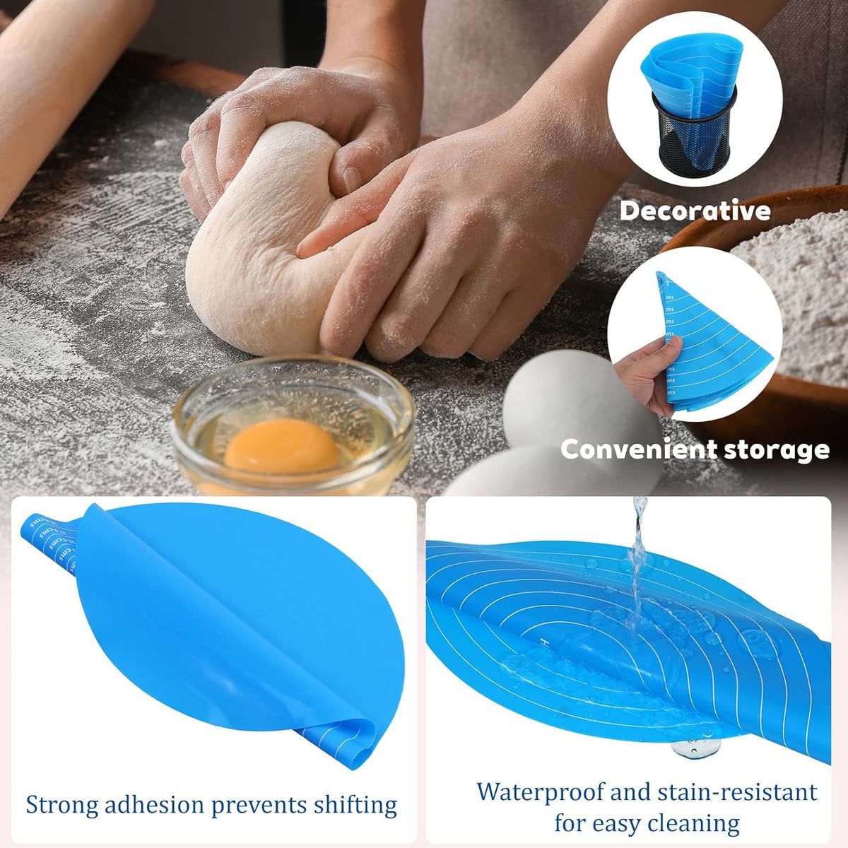2Pcs Silicone Cake Mat,12 Inch Round Baking Mat with Measurements Reusable Turntable Pastry Mats for Rolling Out Dough Cake Pizza and Cookies (Pink&Blue)