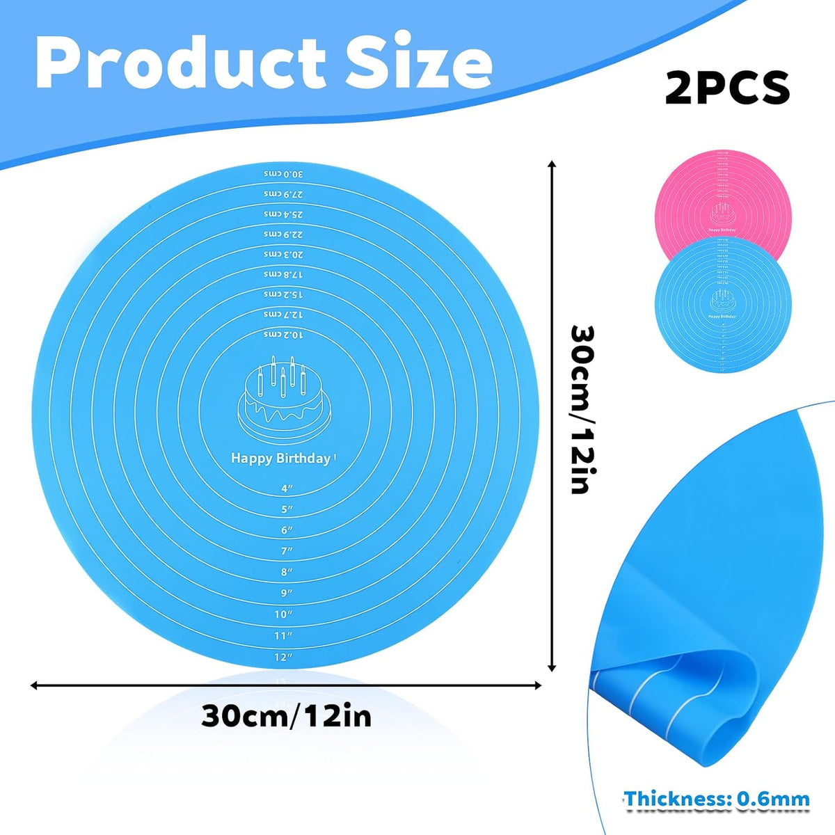 2Pcs Silicone Cake Mat,12 Inch Round Baking Mat with Measurements Reusable Turntable Pastry Mats for Rolling Out Dough Cake Pizza and Cookies (Pink&Blue)
