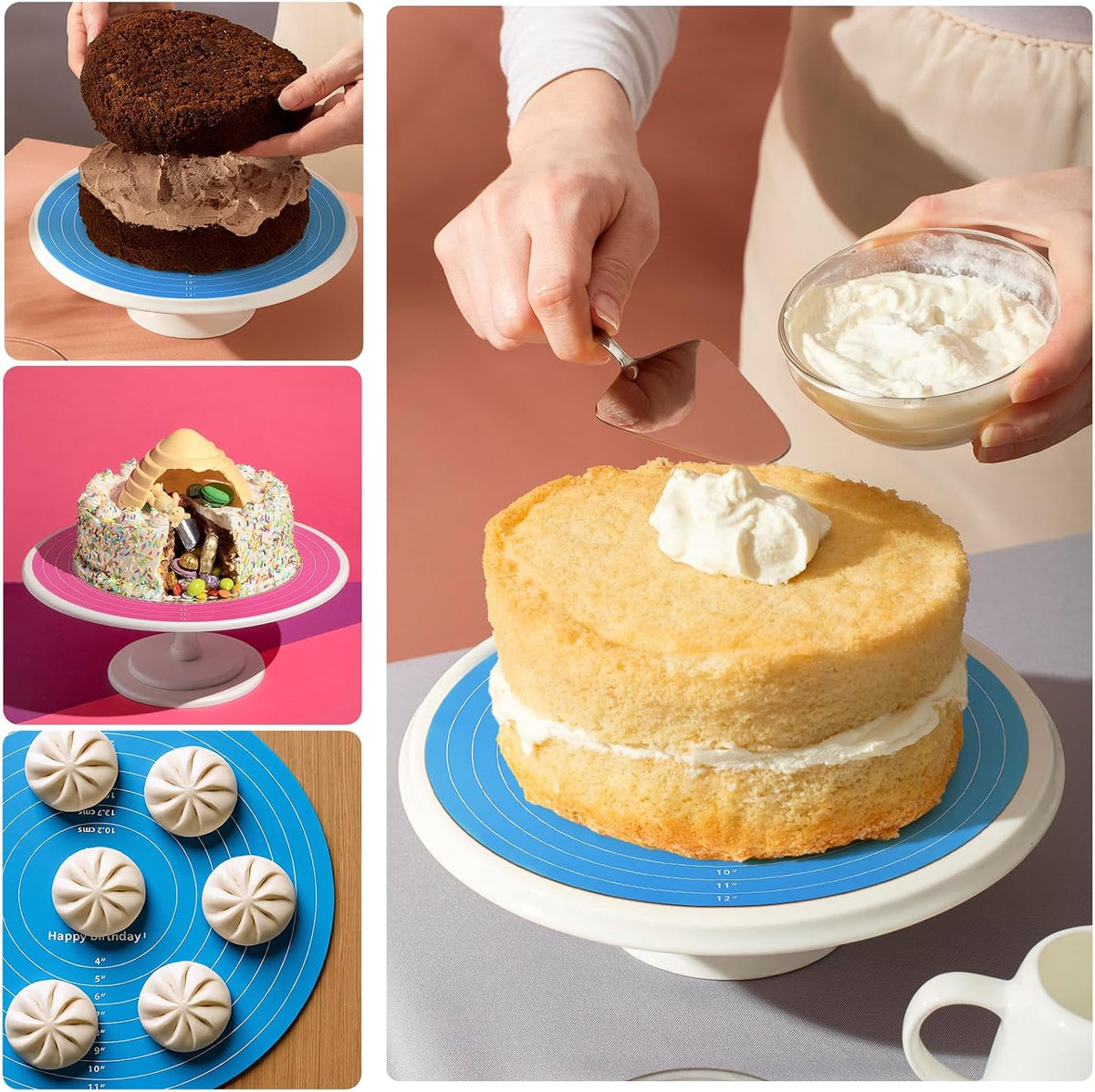 2Pcs Silicone Cake Mat,12 Inch Round Baking Mat with Measurements Reusable Turntable Pastry Mats for Rolling Out Dough Cake Pizza and Cookies (Pink&Blue)
