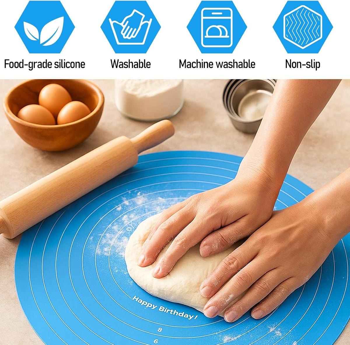 2Pcs Silicone Cake Mat,12 Inch Round Baking Mat with Measurements Reusable Turntable Pastry Mats for Rolling Out Dough Cake Pizza and Cookies (Pink&Blue)