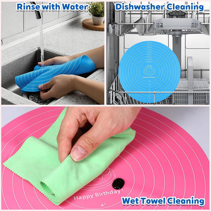 2Pcs Silicone Cake Mat,12 Inch Round Baking Mat with Measurements Reusable Turntable Pastry Mats for Rolling Out Dough Cake Pizza and Cookies (Pink&Blue)