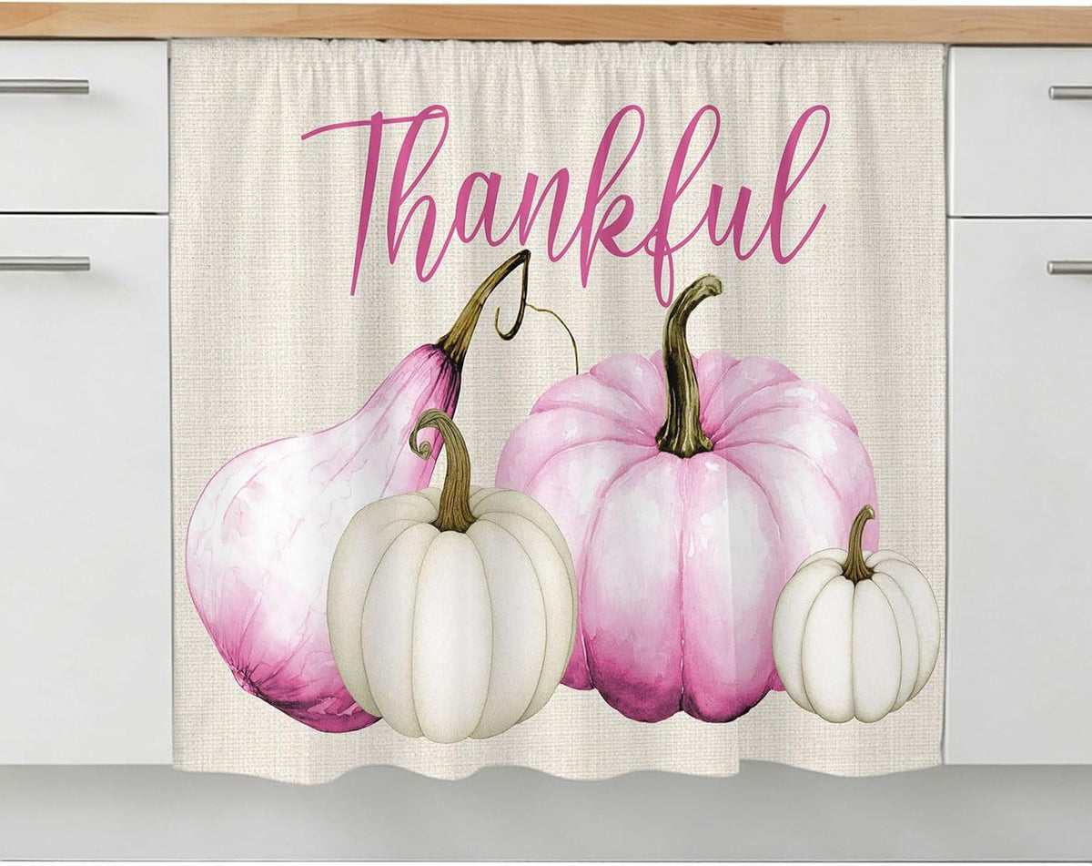 Pink White Pumpkin Small Sink Skirt, Bathroom Vanity Cabinet Adhesive Curtain, Fall Thanksgiving Retro Light Beige Utility Under Sink Cover Decorative Kitchen Cabinet Curtains 10"x11"