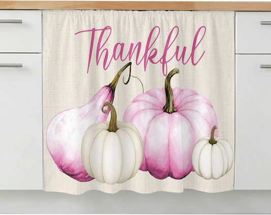 Pink White Pumpkin Small Sink Skirt, Bathroom Vanity Cabinet Adhesive Curtain, Fall Thanksgiving Retro Light Beige Utility Under Sink Cover Decorative Kitchen Cabinet Curtains 10"x11"