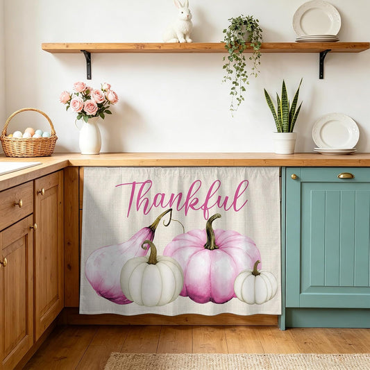 Pink White Pumpkin Small Sink Skirt, Bathroom Vanity Cabinet Adhesive Curtain, Fall Thanksgiving Retro Light Beige Utility Under Sink Cover Decorative Kitchen Cabinet Curtains 10"x11"