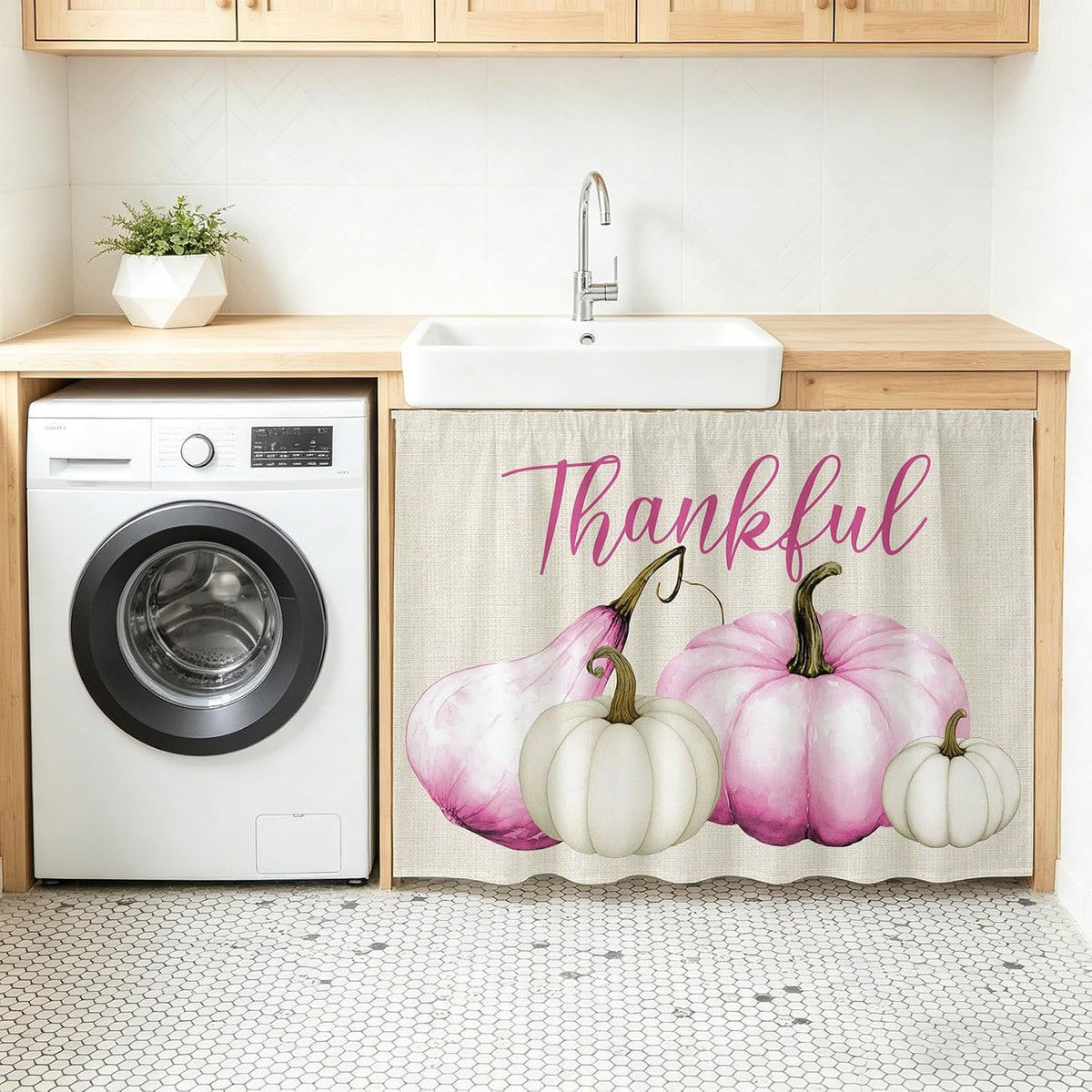 Pink White Pumpkin Small Sink Skirt, Bathroom Vanity Cabinet Adhesive Curtain, Fall Thanksgiving Retro Light Beige Utility Under Sink Cover Decorative Kitchen Cabinet Curtains 10"x11"