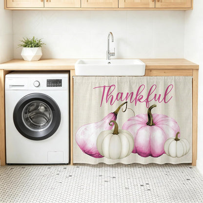 Pink White Pumpkin Small Sink Skirt, Bathroom Vanity Cabinet Adhesive Curtain, Fall Thanksgiving Retro Light Beige Utility Under Sink Cover Decorative Kitchen Cabinet Curtains 10"x11"